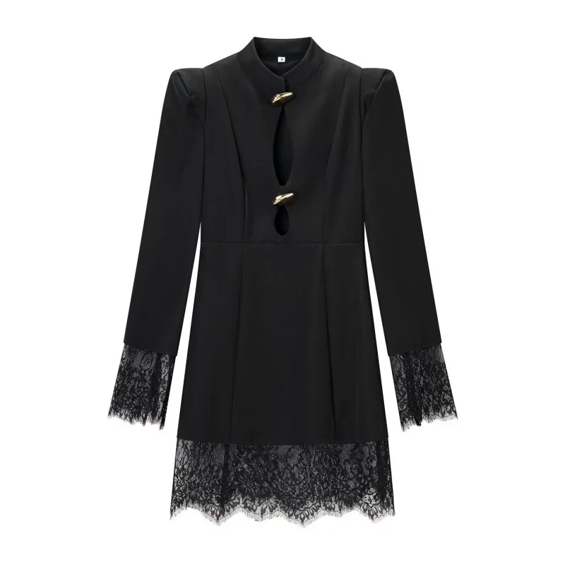 

Withered 2026 Summer New European And American Style Fashionable Hollow Out Long Sleeved Lace Patchwork Short Dress