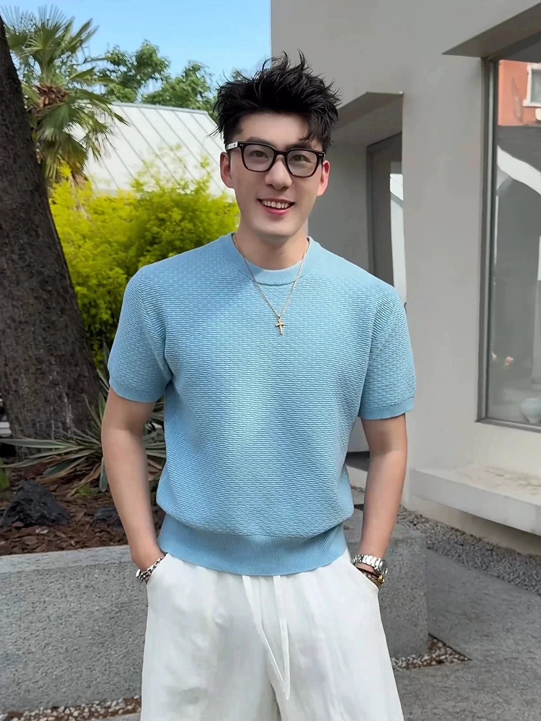 

Blue Texture Cool Feeling Knitted Short Sleeve Men's T-Shirt Breathable Quick Dry Standard Fit Youth Casual Summer Top