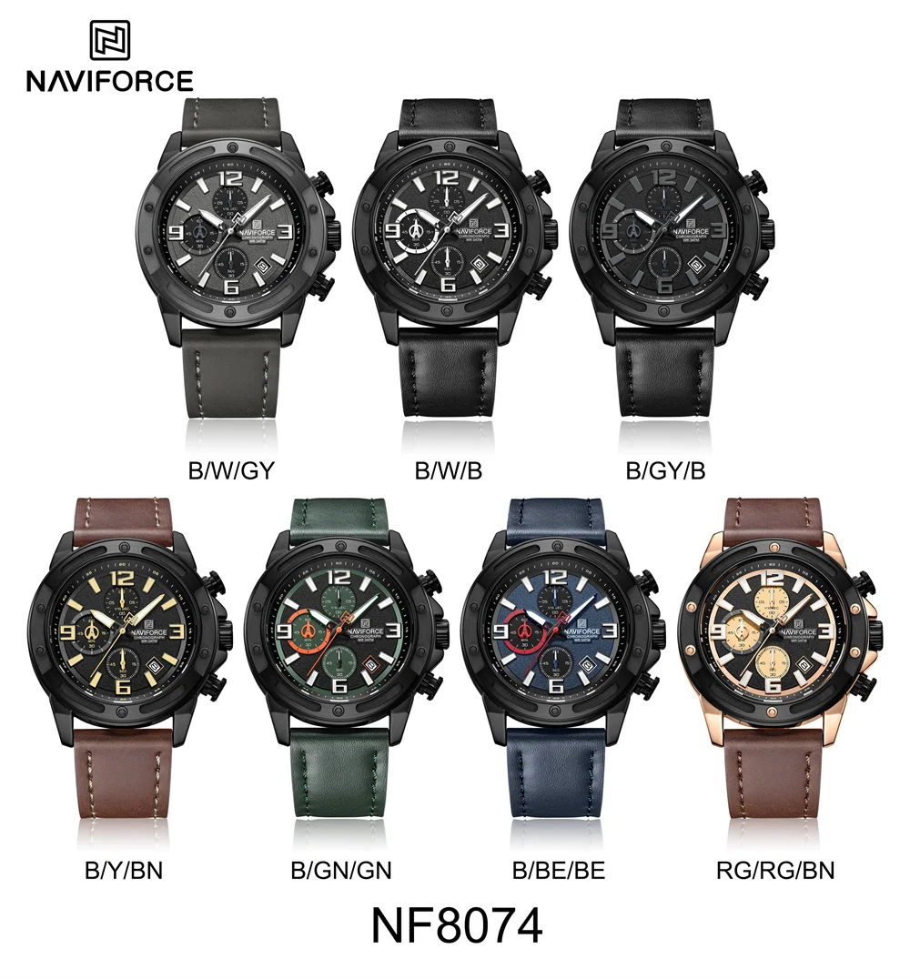 Naviforce 8074 男性スポーツクォーツ時計多機能クロノグラフ屋外防水手腕時計時計レロジオ Masculino