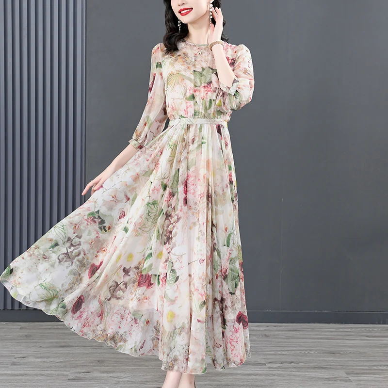 2024 neue Sommer Seide Kleid Frauen Kleidung Blumen Strand Boho Kleider für Frauen Midi Plus Size Kleid elegante Vestidos