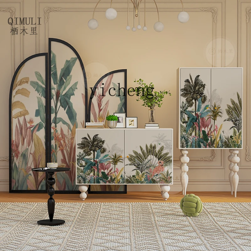 TQH French flower and bird jungle entrance cabinet household wall integrated solid wood dining side cabinet solid wood aisle