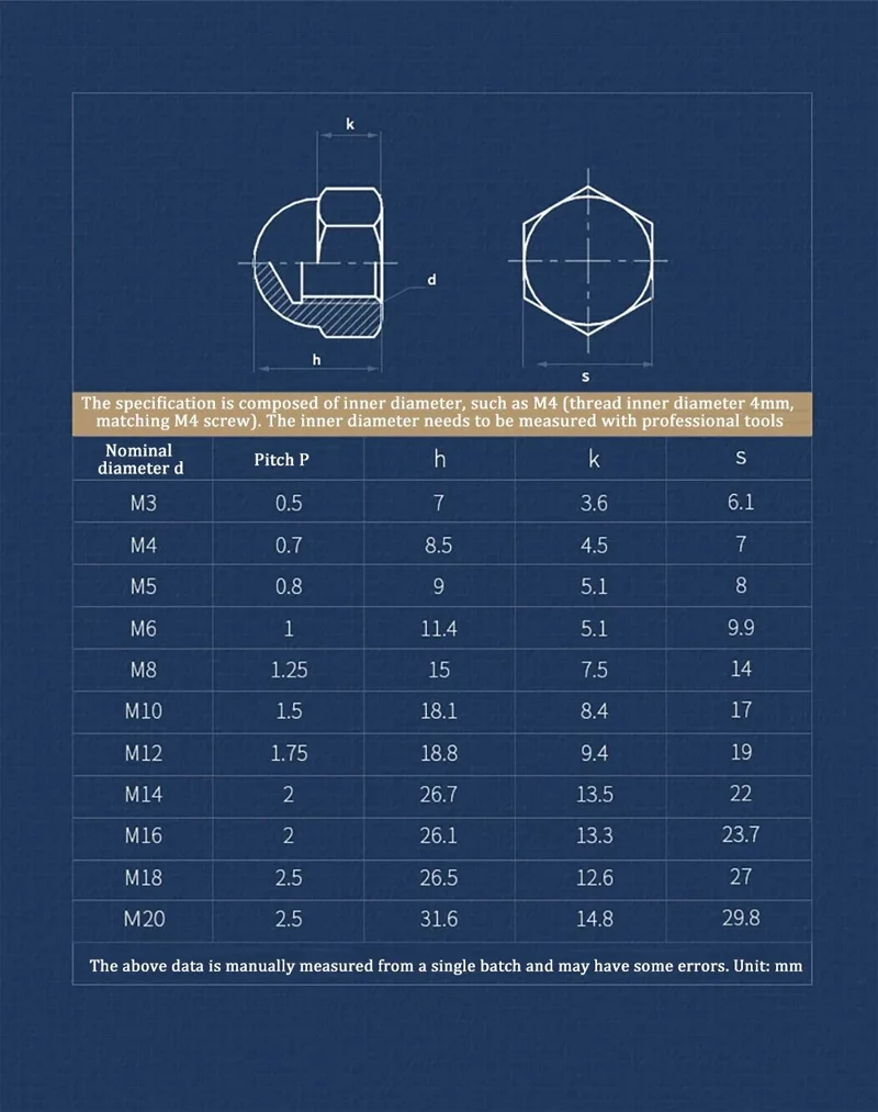 Hex Dome Cap Nuts Brass Decorative Acorn Nut Hex Protection Dome Nut Metal Bolt Screw Protector Fastener M3 M4 M5 M6 M8 M10~M20