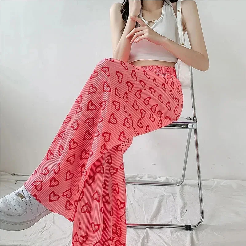 

Pink Casual Folds Straight Leg Pants Women Fashion High Waist Love Heart Wide Leg Pants Summer Loose All Match Sweeping Pants