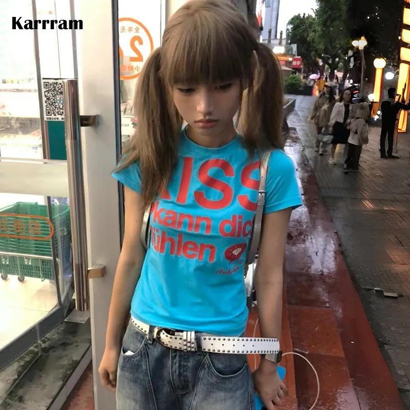 Karrram Japanese Y2k Letter Print T-shirt Trashy 2000s Style Crop Top Vintage Harajuku Short Sleeve Tee Shirt American Retro 90s