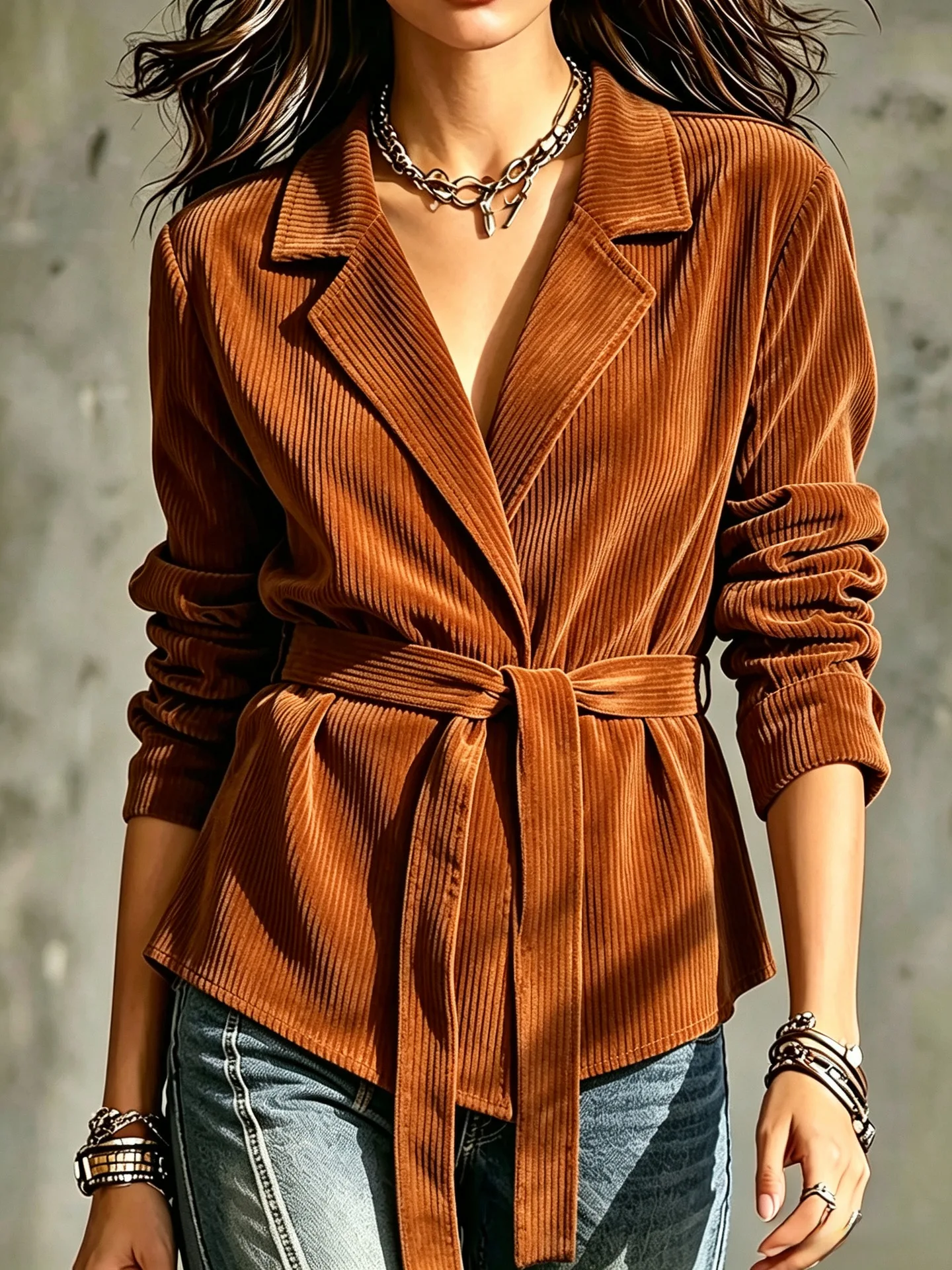 XXOWENLI Women New Corduroy Lace-up Coat Lapel Collar Long Sleeve Tie Waist Belted Jacket Vintage Autumn Winter Ladies Outerwear