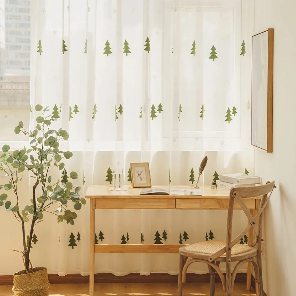 Christmas Tree Embroidered Style Decorative Curtain Sheer Tulle Voile Drapes for Bedroom Living Room 1PC