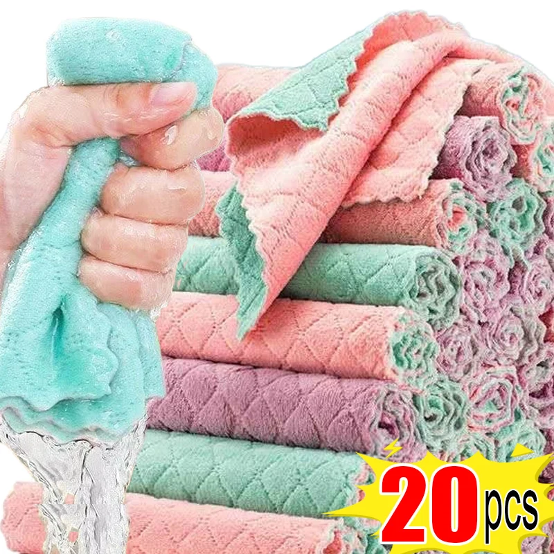 20/5PCS Super Absorbent Microfiber Towel Double Layer Washing Cloths Non-stick Oil Dishcloths Cleaning Rags Kitchen Scouring Pad