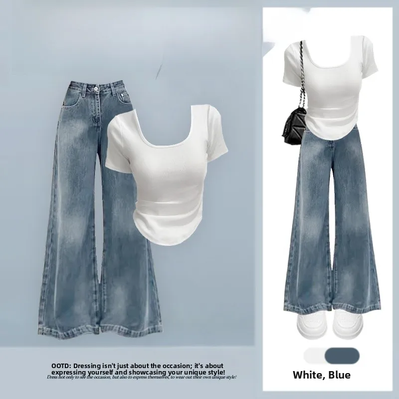 

Summer New Lazy Sle Loose Square Collar Slimming T-irt And Straight Leg Jeans Two Piece Set Women's Faion Casual Outfit