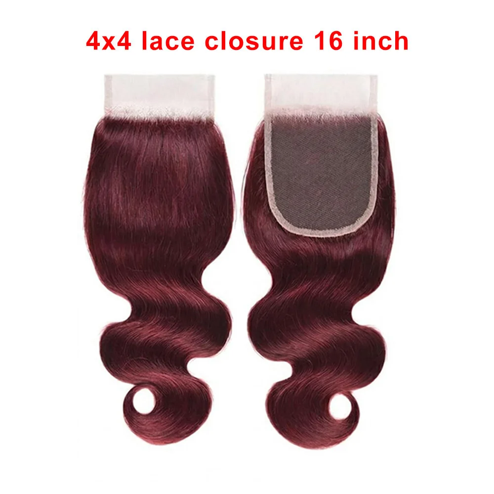 99j Burgundy Body Wave 4x4 Lace Closure Human Hair 12A Dark Burgundy Wine Red Color Wavy Free Part Melt Lace Closure 100% Unprocessed Virgin Remy Hair Pre Plucked With Baby Hair Closure 16 IN