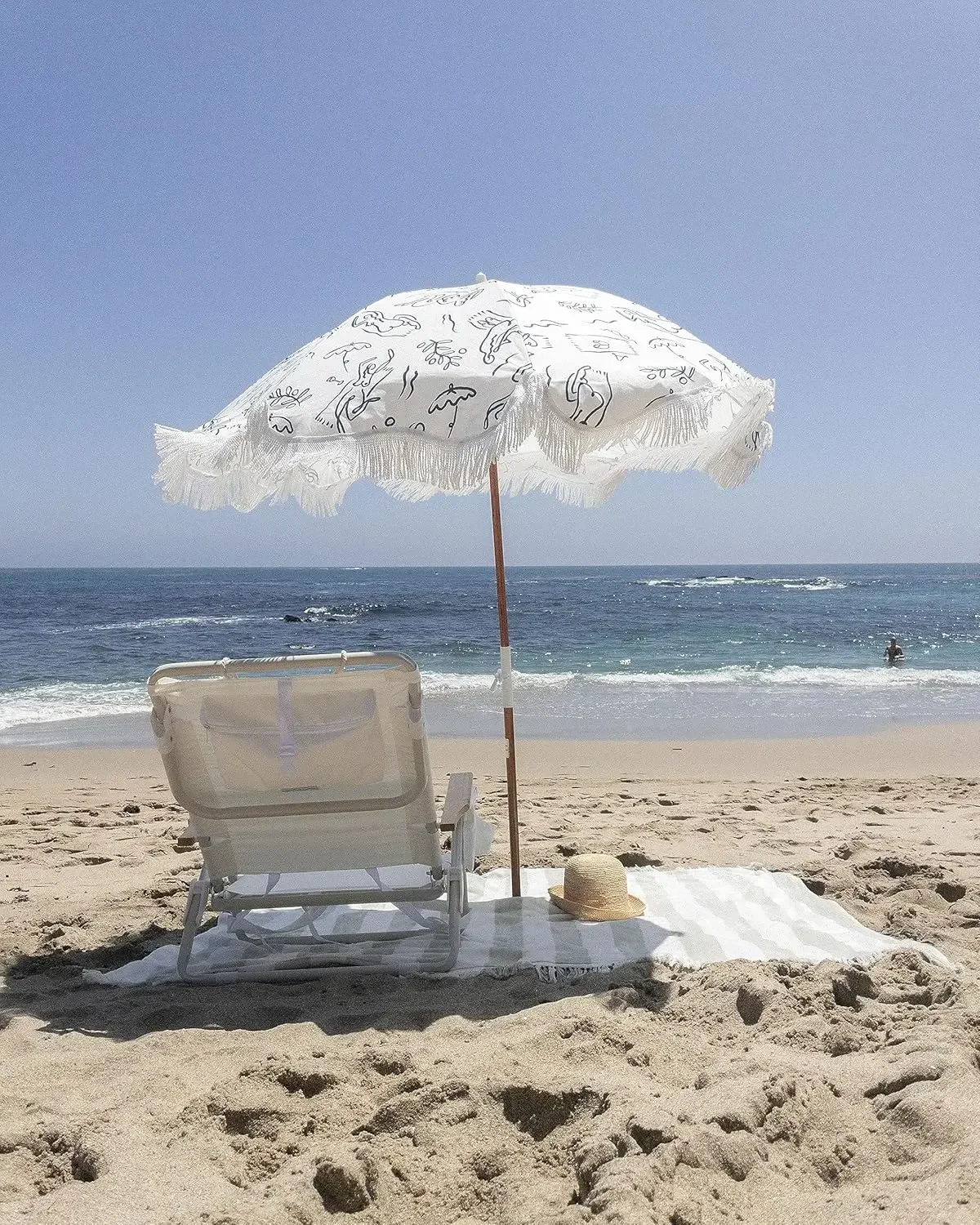 

Holiday Umbrella - Boho Beach Umbrella with White Fringe, UPF 50+, 1" Tilting Wood Pole, 5’ x 6.5’, Le Basque Navy