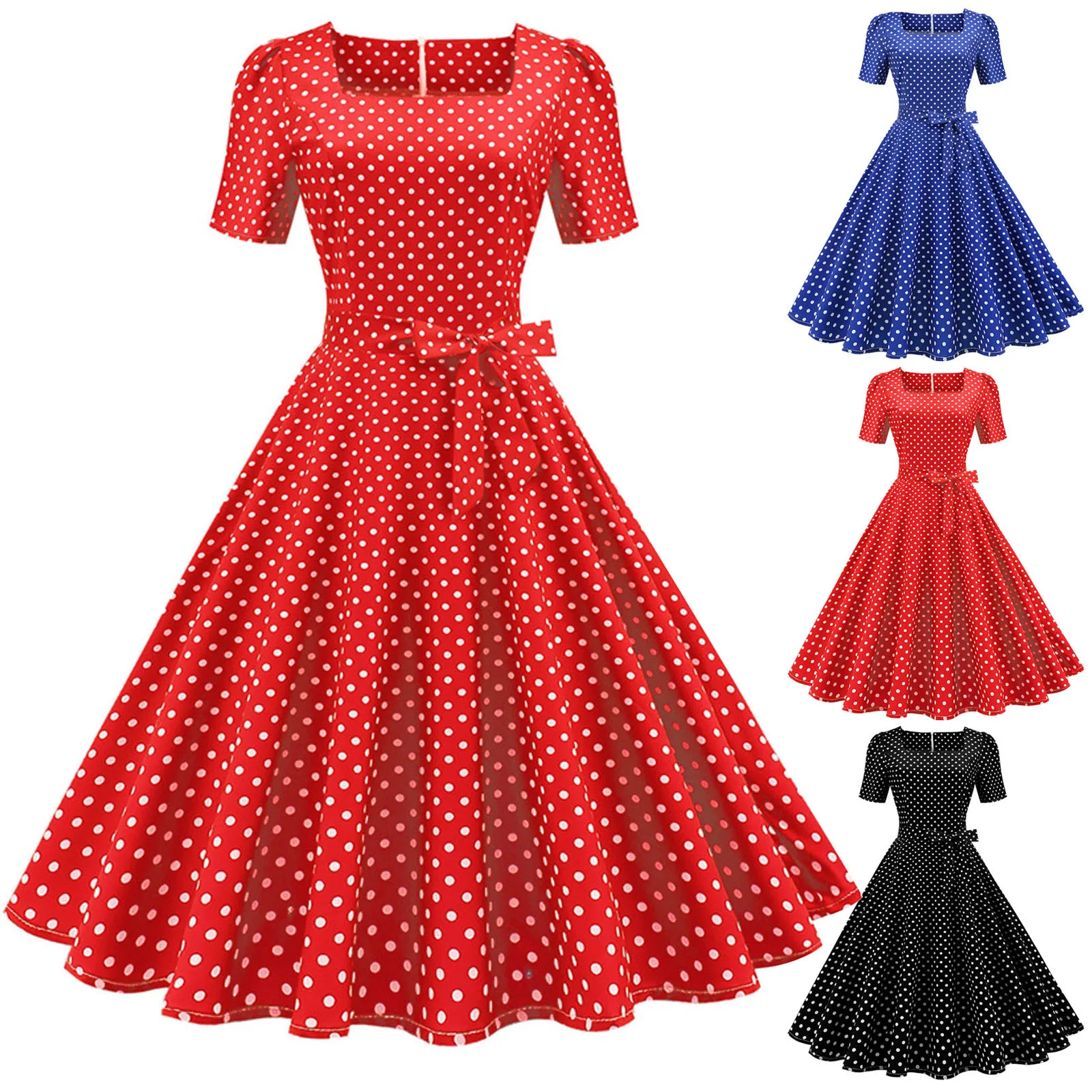 Vintage 1950s Short Sleeve Evening Party Dresses Women Dot Printed Cocktail Long Dresses Casual A Line Lace Up Tunic Dress