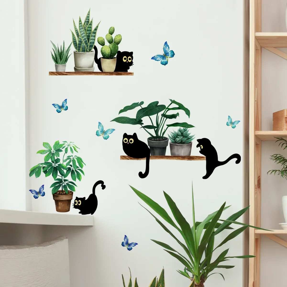 Green Pot Plants Wall Decals Hanging Baskets with Black Cat Butterfly Wall Stickers Removable Art Decor Murals Home Decorations