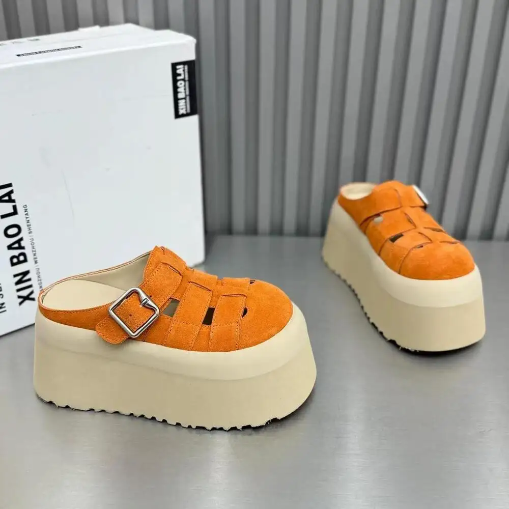 

2026 New Women's Chunky Platform Mules, Hollow Out Woven Suede Slides, Buckle Strap Wedge Sandals for Summer