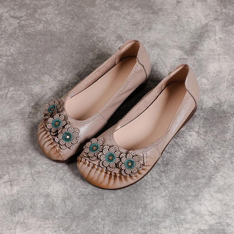 Boho Vintage Echtleder-Ballerinas für Damen, Blumenmuster Slip-On Fahr-Mokassins, Weiche Ethnische Retro-Schuhe, Flache Schuhe für Mütter – Detail 17