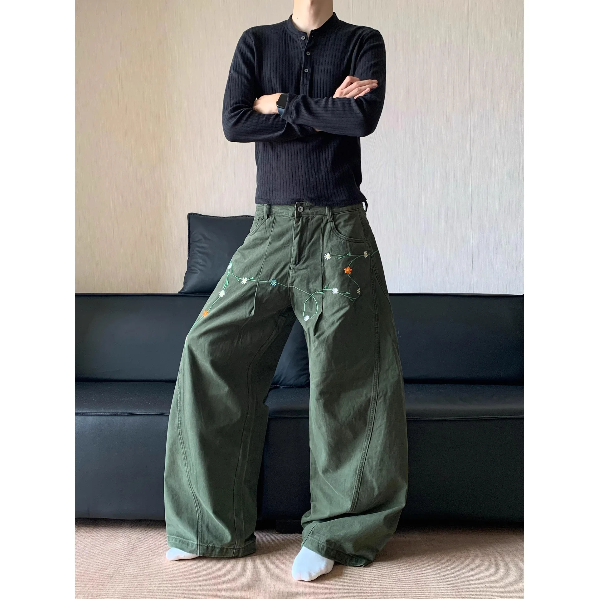 Straight-leg Pants Embroidery Casual Pants Floral Spring Autumn Retro Man Fashionable Cool Personality Loose All-matching