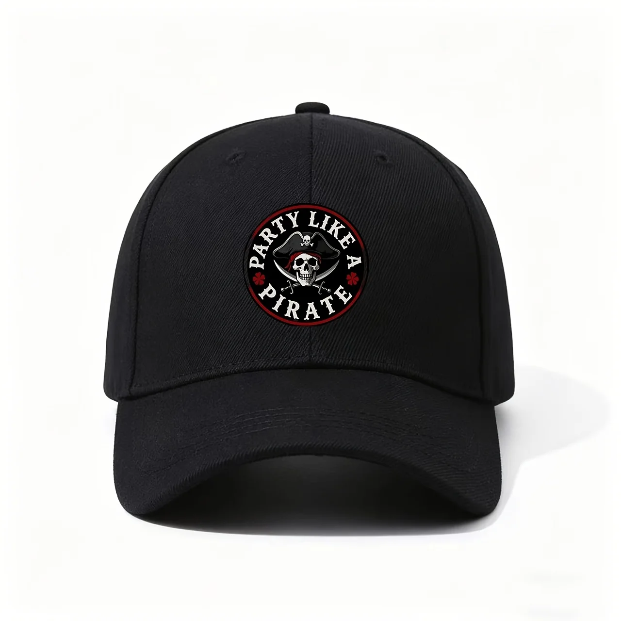 Baseball Cap, Showcasing the PARTY LIKE A PIRATE Logo with a Skull, Crossed Swords, and Red Accents, Fun and Adventurous Design,