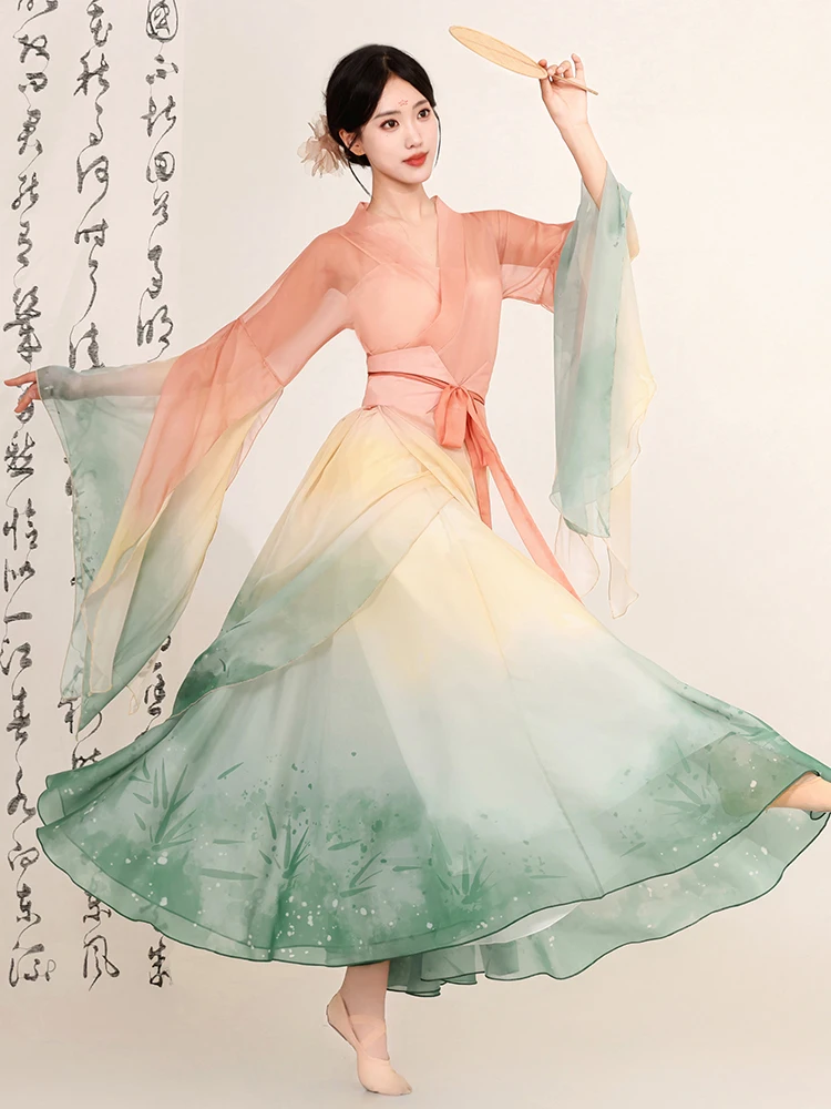 

Ele Ancient Chinese Dance Costume New Sle Flowing Fairy Skirt Practice Suit Hanfu Large Flared Skirt Performance Dr