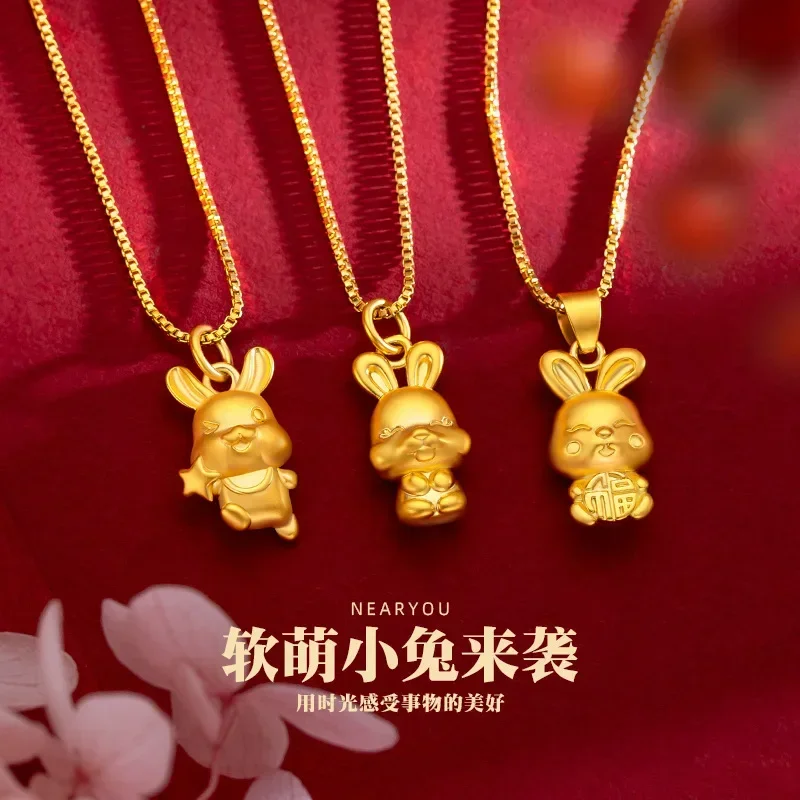 9999 Real Gold 24K New Life Zodiac Rabbit Clavicle Chain, Rabbit Zodiac Guardian Pendant New Year's Gift