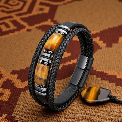 New Natural Tiger Eye Stone Men's Wristband Bracelet Hand-woven Multi-Layer Braided Leather Bangles Stainless Steel Jewelry