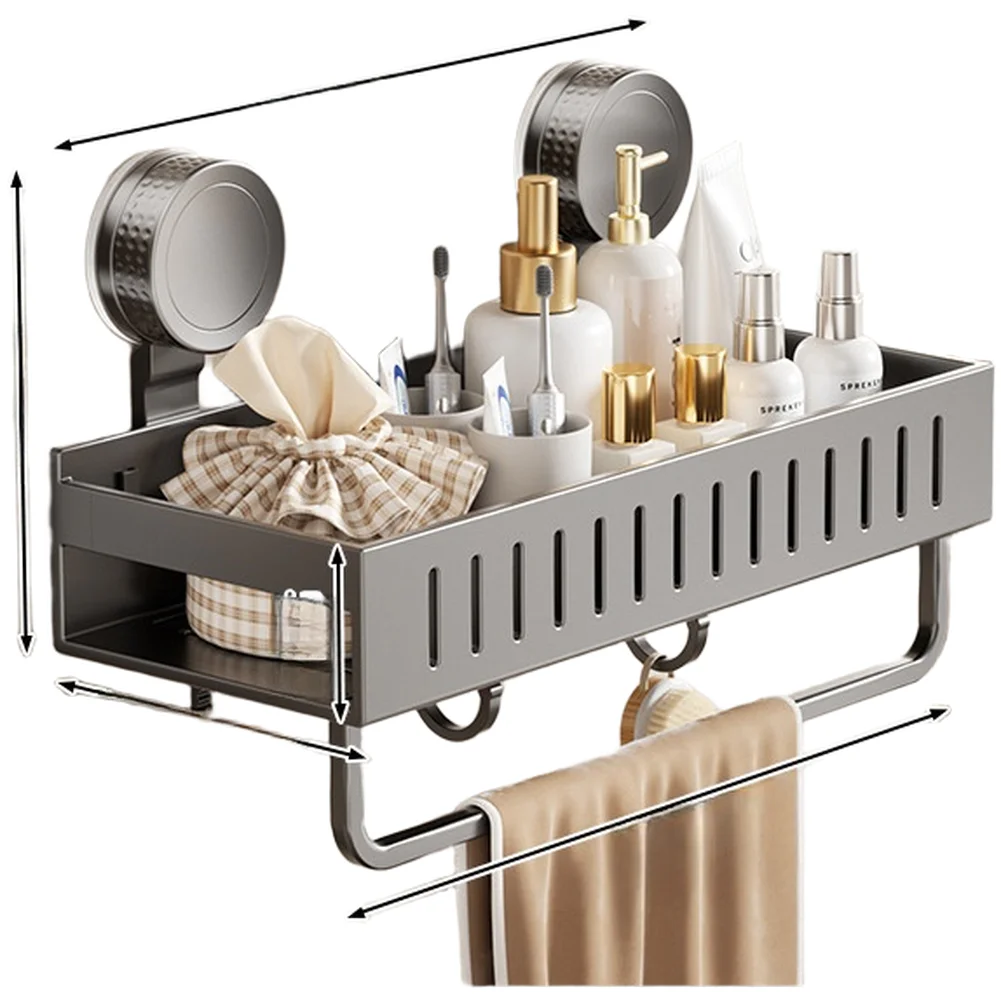 Suction Cup Mounted Shower Shelf with Extra Length Hooks and Towel Rack Rust Resistant Materials for Long Term Use