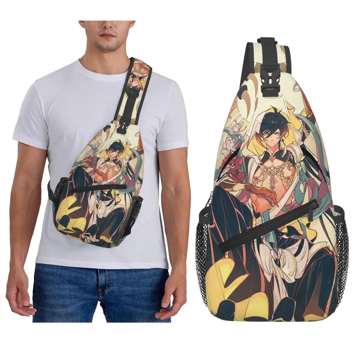 Zhongli Genshin Impact حقيبة الصدر الرجال حبال Crossbody على ظهره حقيبة الصدر السفر المشي لمسافات طويلة Daypack حقيبة الكتف #4