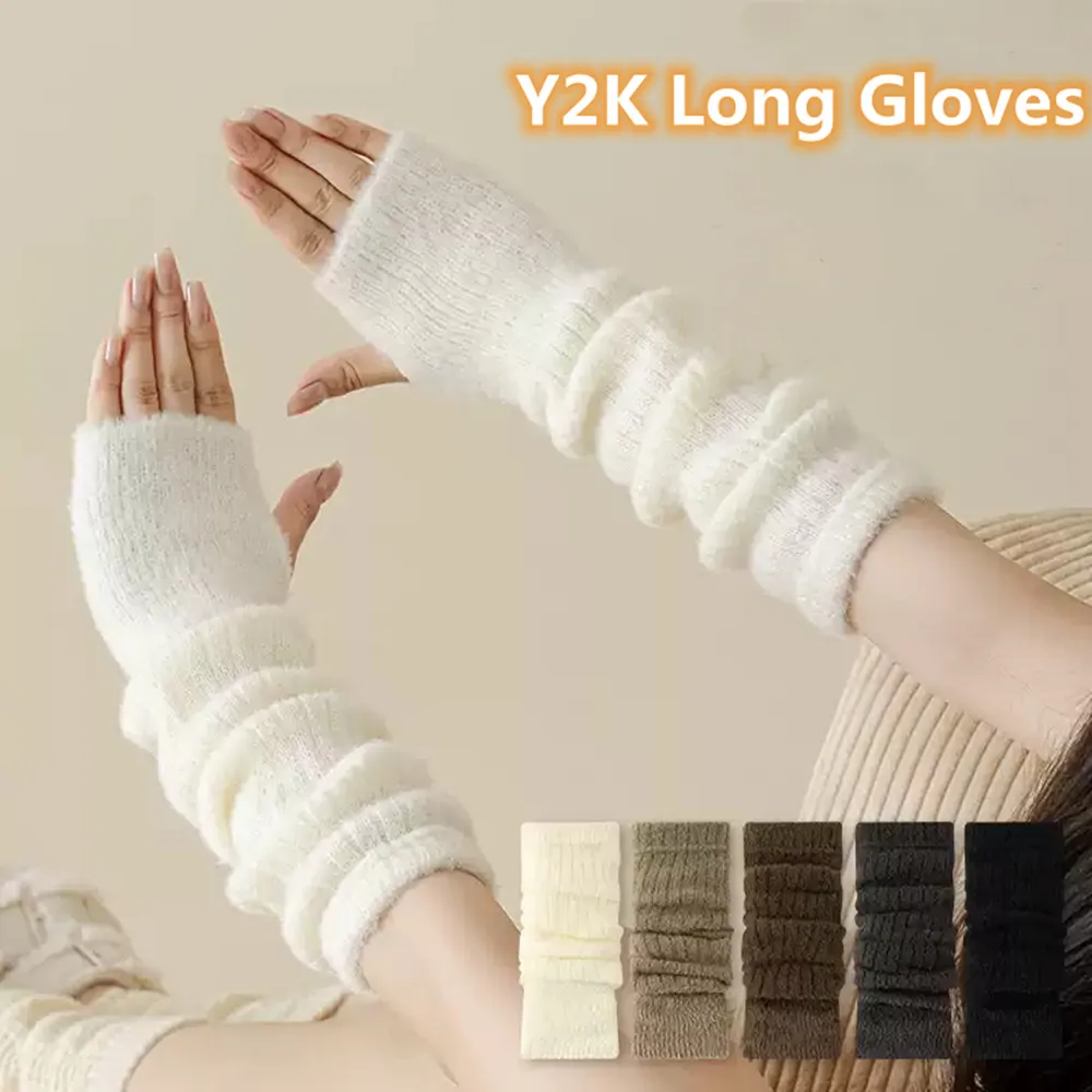 Women Knitted Arm Warmer Y2K Fingerless Mittens Fashion Casual Soft Long Gloves Harajuku Knit Arm Sleeves Punk Cosplay Gloves