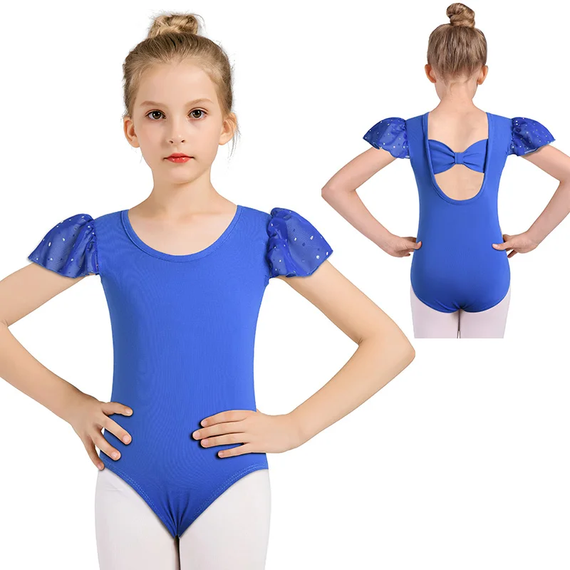 الفتيات فريق الأساسية الباليه ملابس رقص الجمباز لفتاة الجمباز قمم مع الأكمام كشكش مشرقة وجميلة القوس الخلفي ثياب الرقص