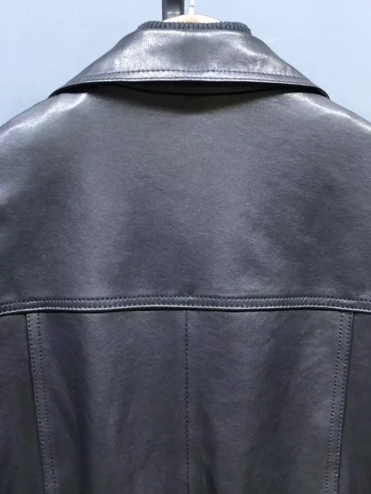 女性のファッションクラシックダブルジッパーターンダウン襟リアルシープスキンジャケット春秋ハイストリート本革アウター