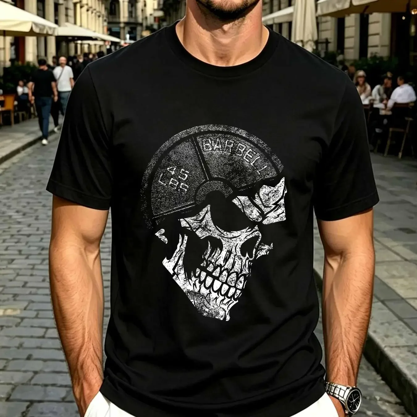 washed T Shirt Skull Barbell Weightlifting Gym Enthusiast Fitness Heavy Lifter Apparel Unique Workout Gear Grunge 45 lbs Plate