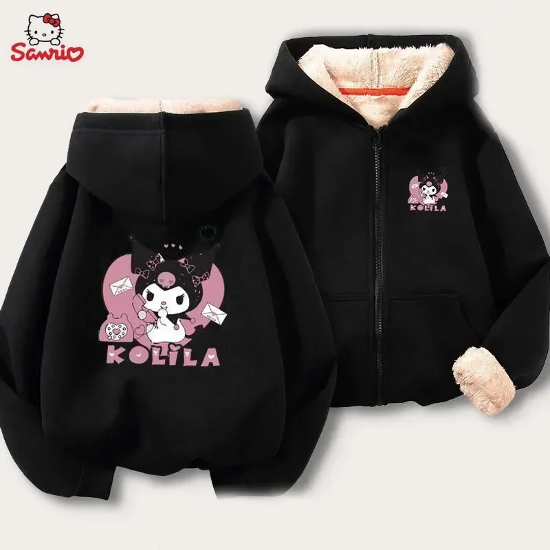 Sanrio Kuromi Mymelody Cinnamoroll Thickened Zipper Hoodie Winter Lamb Parent Child Clothing Woolen Sweater Cute Anime Figure Gi