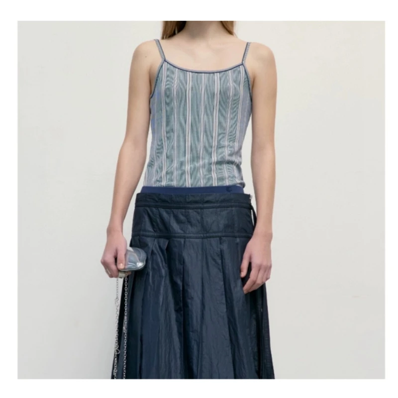 

2025 Spring/Summer New Korean Women's Simple Slim Fit Strap Striped Knitted Tank Top