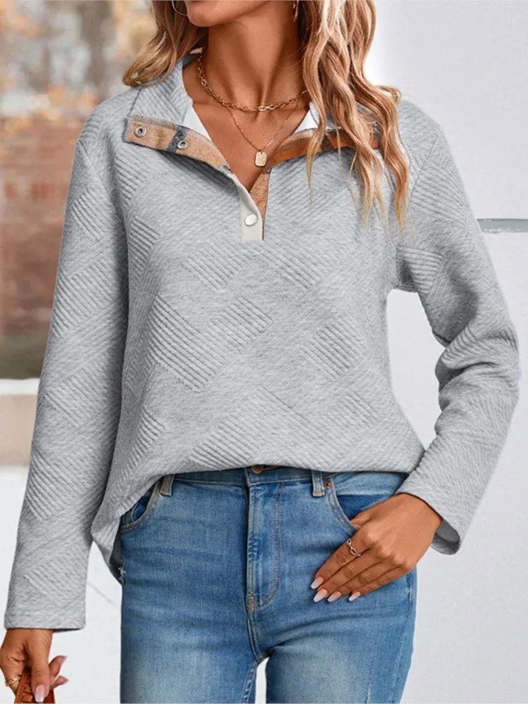 Women's Clothing Casual Long Sleeve Lapel Color Block Sweatshirt All-match Loose Simple Style Comfortable Commuting Temperament