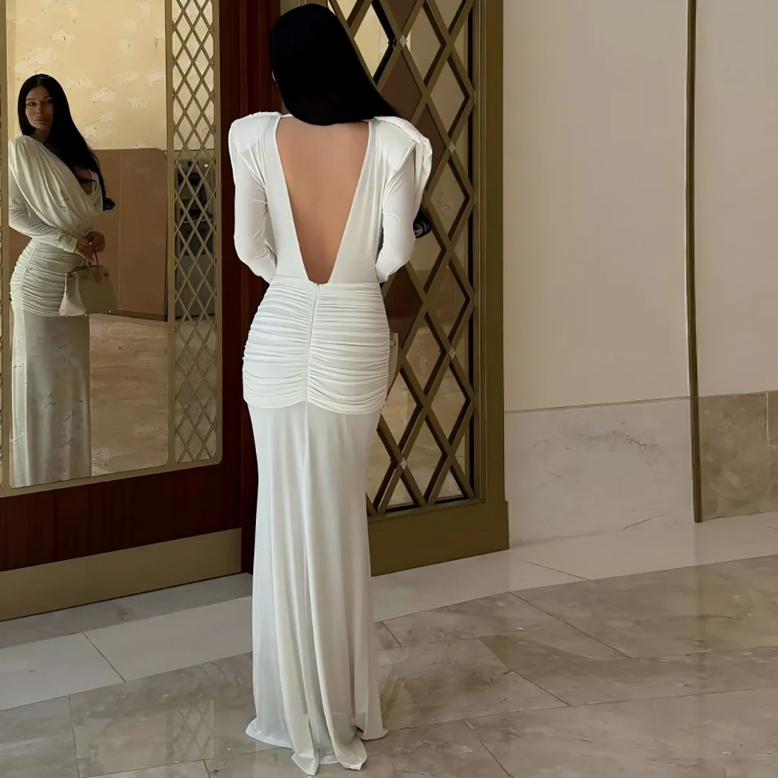 Backless Ruched Bodycon Maxi Dress Women Elegant Sexy Swinging Collar Full Sleeve Slim Evening Gown Birthday Party Long Robe