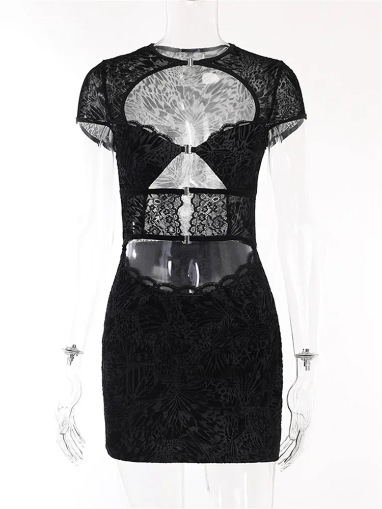 Women Sheer Lace Mini Dress Short Sleeve Crew Neck Hollow Out Slim Fit Bodycon Dress Summer Retro Club Sexy Dresses