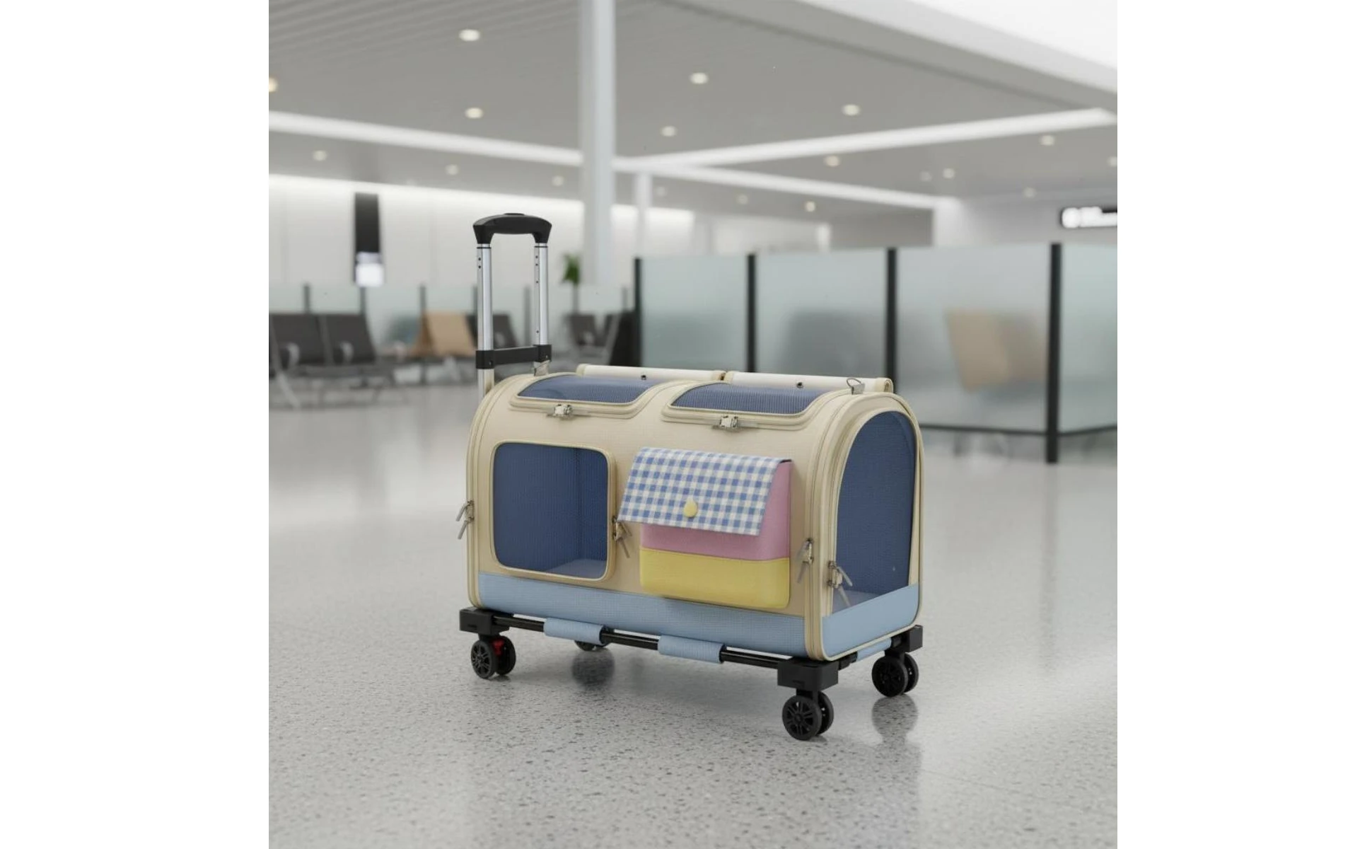 Feline Rolling Suitcase Telescopic Handle Pet Rolling Suitcase Multi-Feline Carrier Breathable Mesh Pet Carrier with Wheels