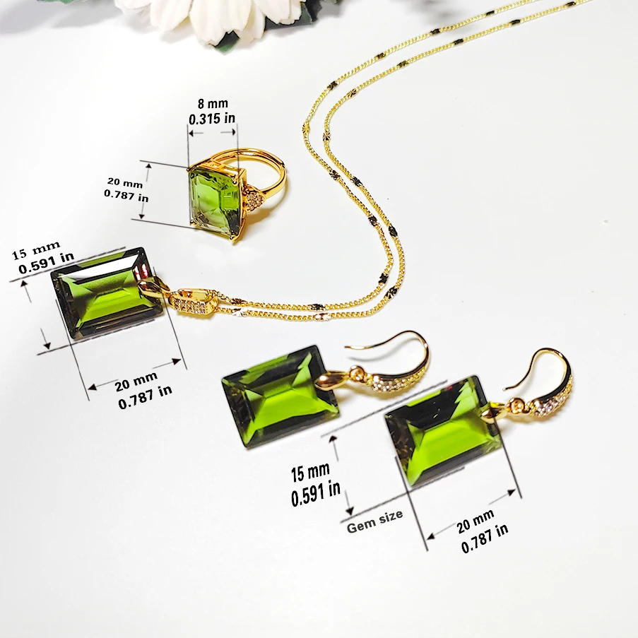 Color-change Sultanite Rectangular stone adjustable ring earrings necklace Jewelry Set for women change color in different light