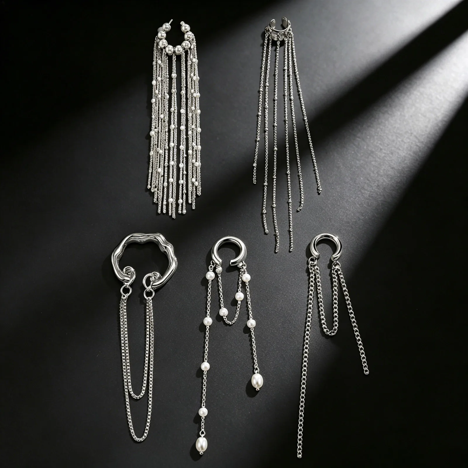 Irregular Tassel Chain Ear Cuff Silver Color Non Piercing Fake Earring Jewelry 1pc Clip Earrings with Chain