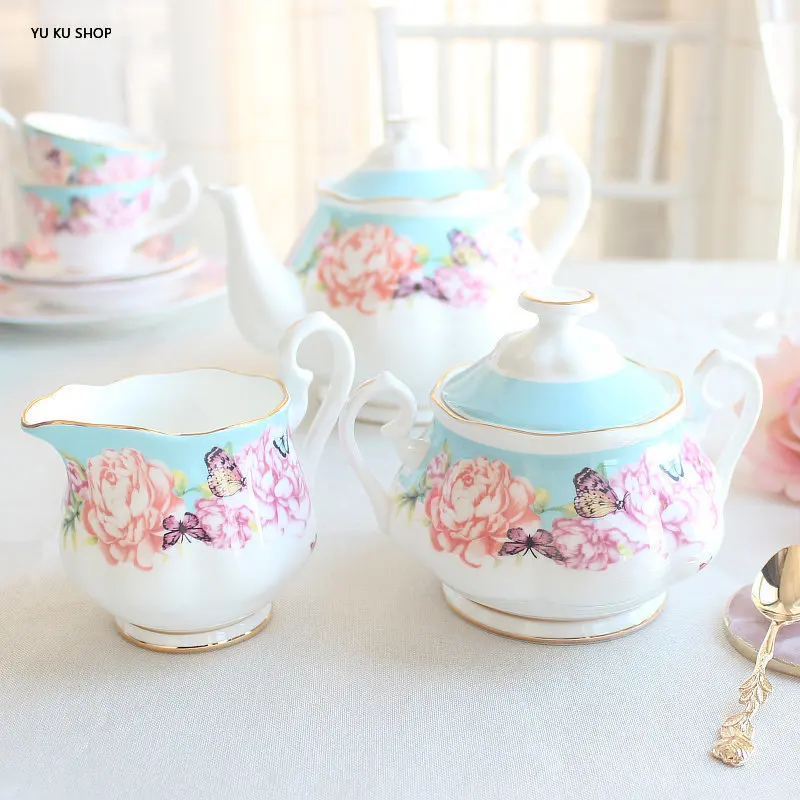 European Bone China Coffee Cup Saucer Ceramic Pot Teacup Dessert Plate Dish Sugar Bowl Milk Cup Flower Teapot Coffee Appliance