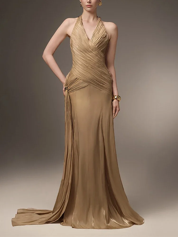 

Sexy Halter Neck Folds Draped Long Dress Women Sleeveless Backless High Waist Slim Dresses Elegant Evening Party Formal Gowns
