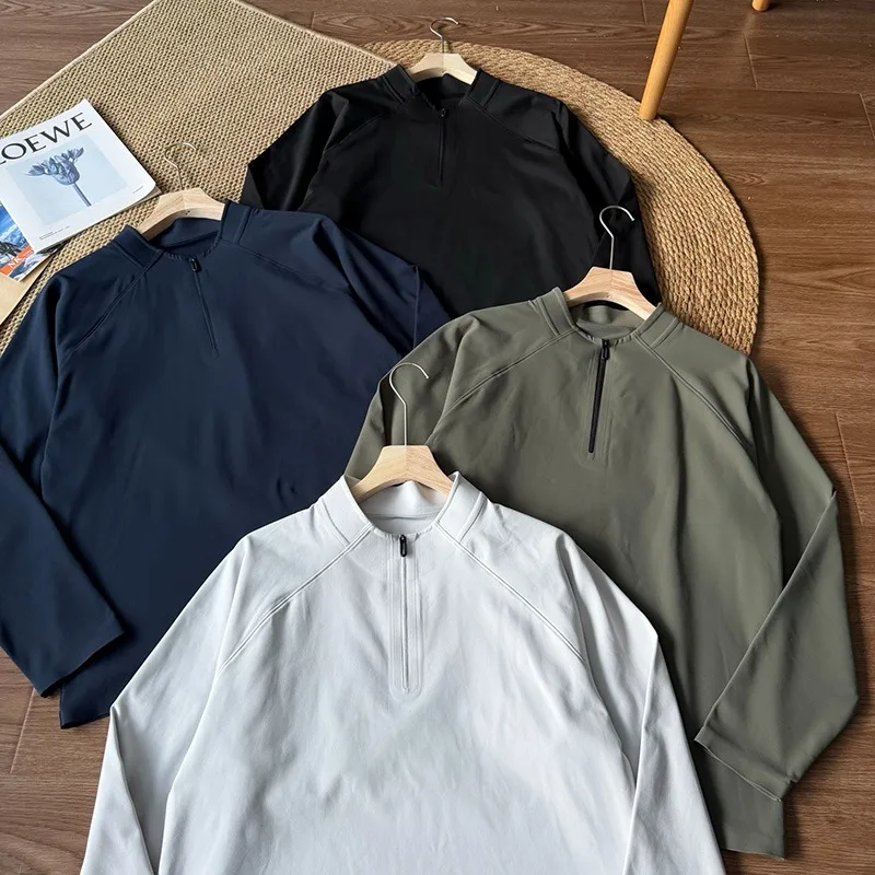 Men's Half-Zip Long Sleeve Base Layer – Lightweight Fleece-Lined Solid Color Top for Outdoor Hiking & Daily Wear