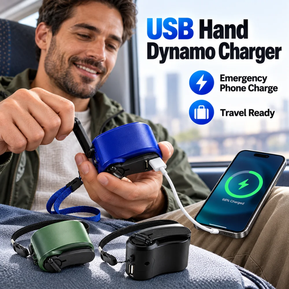 Manual USB Power Generator 6V 300mA Hand Crank Emergency Charger with Built-In Light for Hiking Travel and Power Outage Use