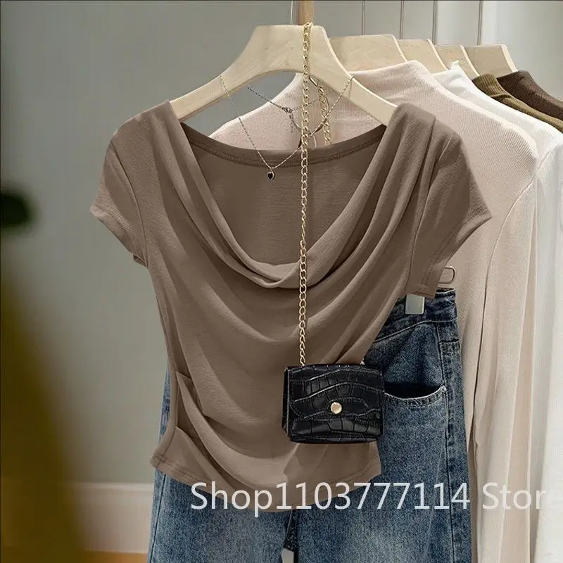 Neues Sommer-Damen-Design: Lässiges, einfarbiges Top mit schmaler Passform, unregelmäßigem Schnitt, vielseitigem Kurzarm-T-Shirt im koreanischen Nischen-Stil – Detail 4