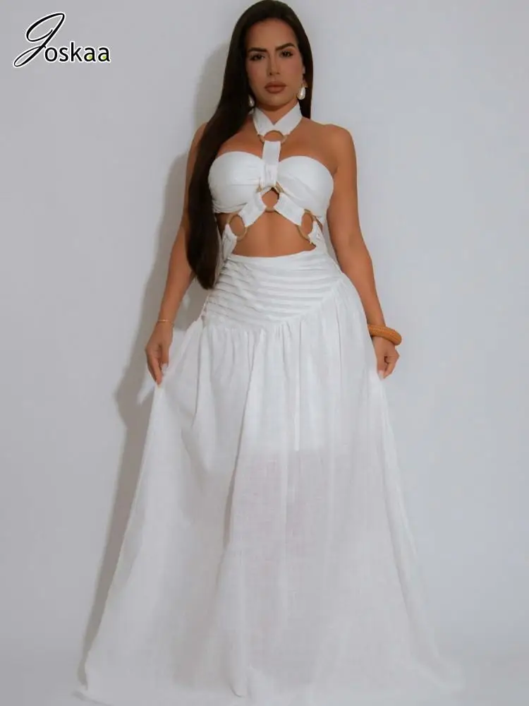

Joskaa 2025 Summer Elegant 2 Piece Set Sexy Backless Bandage Halter Tops and Maxi Skirt Match Tracksuits Holiday Beachwear S-XXL