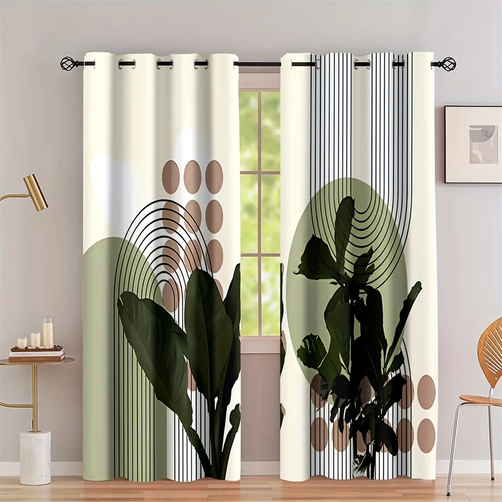 

2pcs Nordic Modern Simple Green Palm Leaves Digital Printed Curtain Living Room Curtains Grommet Top Curtains Living Room Office