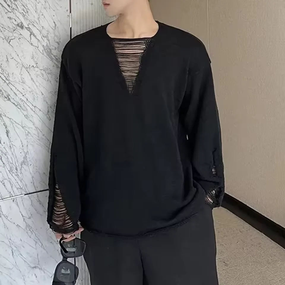 Hollow Out Knit Sweater Men Korean Style V-Neck Pullover Fashion Micro Transparent Knitted Sweater Autumn Thin High Street Top