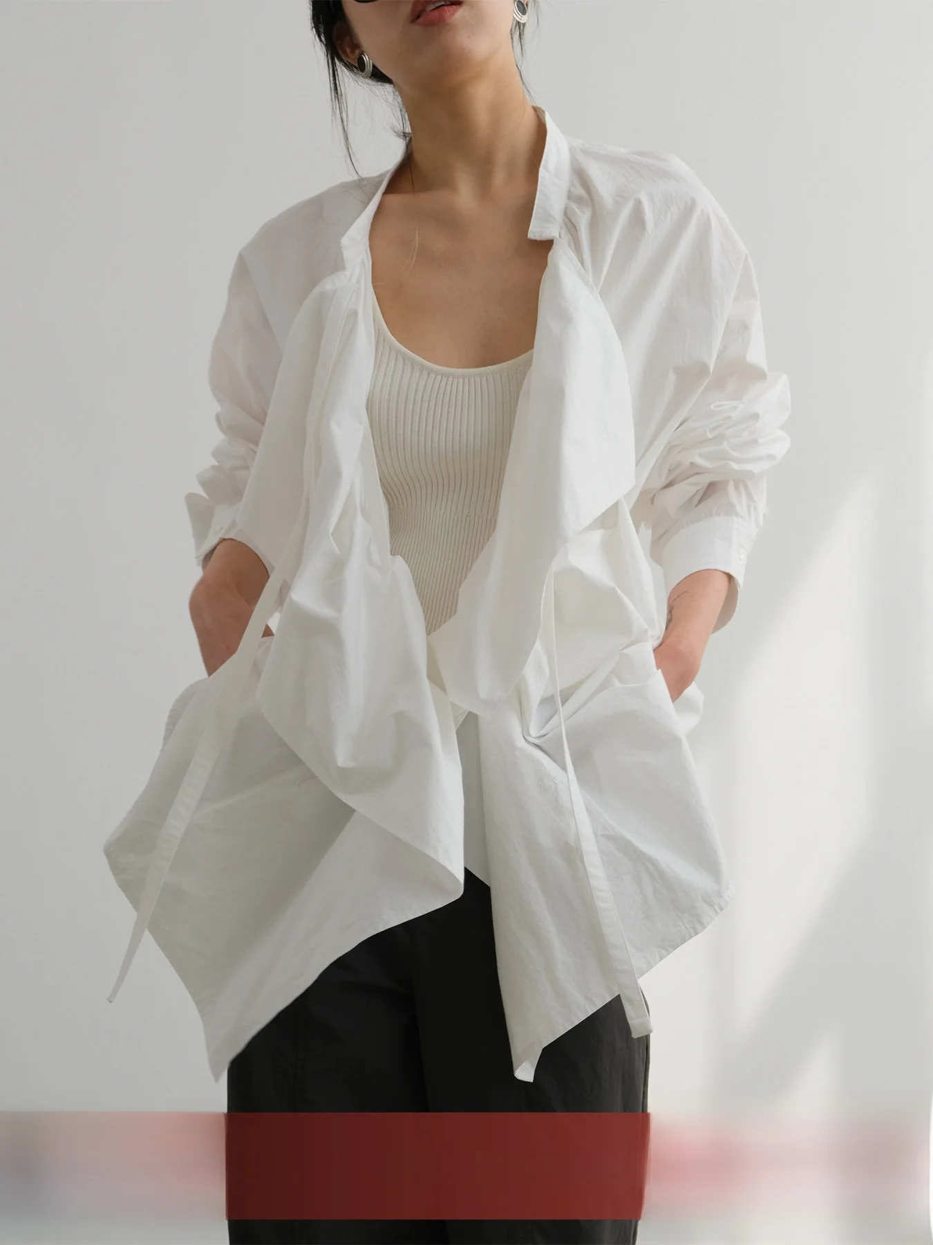 

Design Sensation Small Audience Shirt Water Wash Cotton Stand Collar Drawstring Loose Silhouette Women's Long Sleeve Shirt