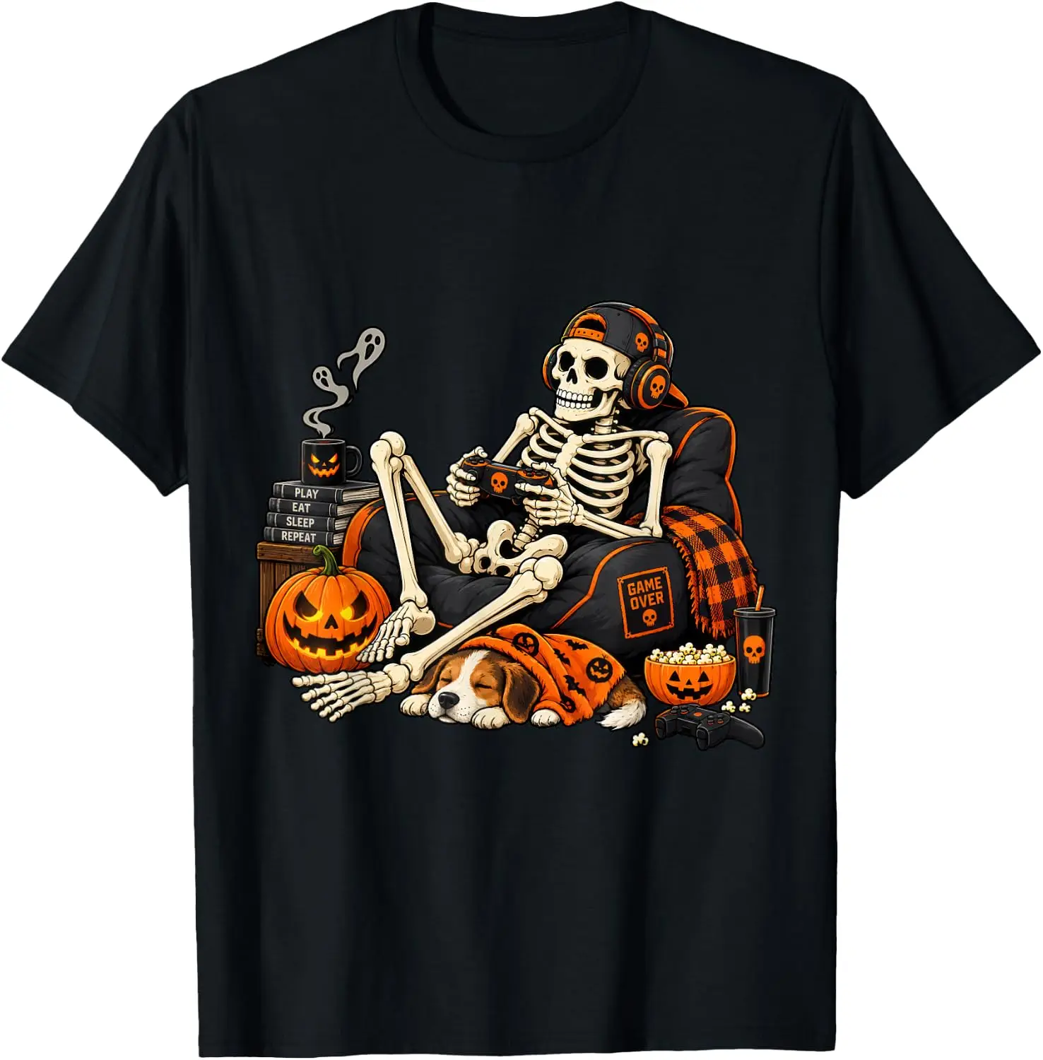 Halloween Skeleton Gamer Video Gaming Boys Men Kids Tees T-Shirt Halloween Loose-Fit Pure Cotton Short-Sleeve Top – Stylish, Breathable, Plus-Size – Christmas Gift