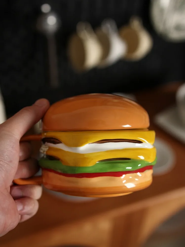 

Creative Ceramic Burger Coffee Cup with Lid Irregular Breakfast Milk Mug for Home Office Afternoon Tea Floral Tea Coffee Cup New