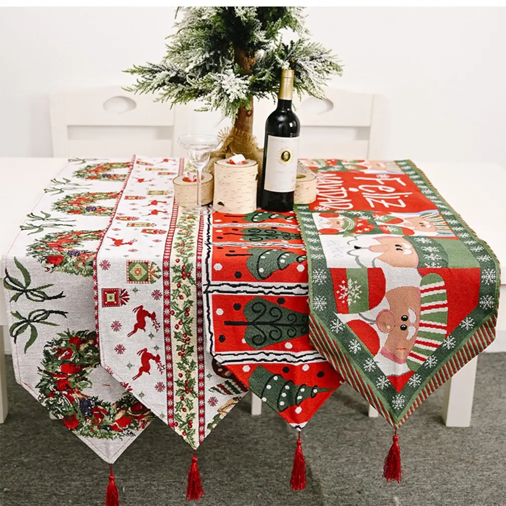 Merry Christmas Snowflakes Dwarfs Reindeers Red Buffalo Check Table Runner for Home Dining Table Festival Party Decor Multiple