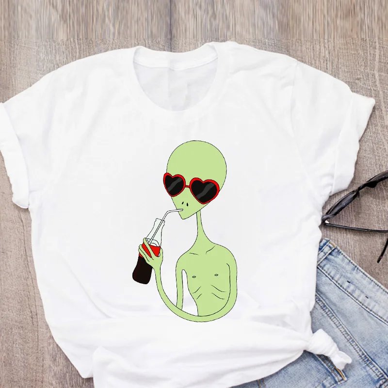 Women's T-shirt Cute White Tops Female Clothing Alien Graphic T Shirts Cartoon Print Ladies Funny Streetwear Tees Y2k Clothes